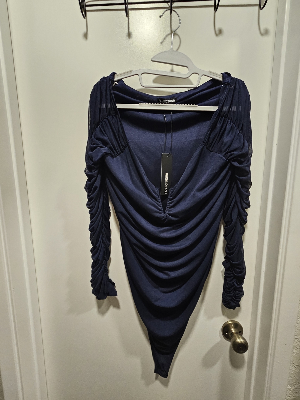 Fashion Nova Navy Ruched Long-Sleeve Draped Bodysuit